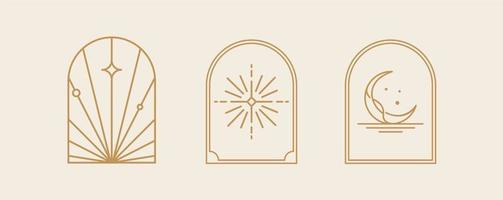 Bohemian line logo art, icons and symbols, sun and moon, arch window design geometric abstract design elements for decoration