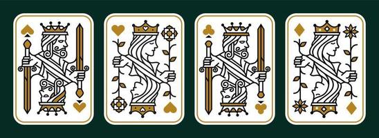 juego de rey y reina ilustración vectorial de naipes juego de corazones, espada, diamante y club, colección de diseño de tarjetas reales vector