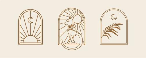 Bohemian line logo art. Icon and symbols with Cat, sun and moon. arch window design geometric abstract design elements for decoration vector Illustration