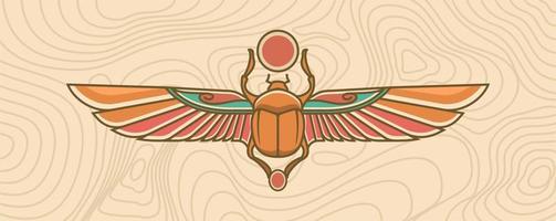 Scarab with wings vector illustration, ancient Egypt animal for Khepri, egyptian god. magic symbol for Pharaoh with topographic line background. egypt mythology tattoo design