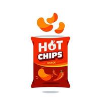icono de ilustración de diseño de empaque de plástico de bolsa de papas fritas picantes calientes para negocios de alimentos y bebidas, vector de logotipo de elemento de marca de bocadillo de patata.