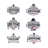 set of hipster barber logo design icon with pole, Red and blue navy Vintage retro classic Victorian style barbershop logo VECTOR collection