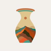 Boho vase illustration with colorful mountain hill and sun in vintage illustration style. vector illustration of old ceramic pottery with illustration of natural landscape