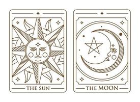 ilustración de juego de cartas de baraja de tarot. el sol, la luna y la estrella vector de la carta del tarot dorado. sol místico vintage, luna y carta de tarot estrella en estilo de arte de línea ornamental