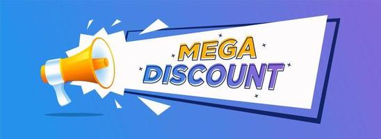 discount banner vector with megaphone. Banner announcing mega discount with half price reduction. Special offer with 50 percent off advertisement. Promotion poster template megaphone vector.