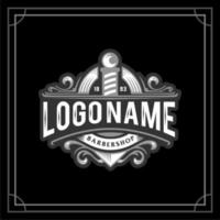 diseño clásico de logotipo de etiqueta de barbero en blanco y negro. barbería polo insignia logotipo diseño icono ornamental hipster vintage retro clásico estilo victoriano barber salón logo vector. vector