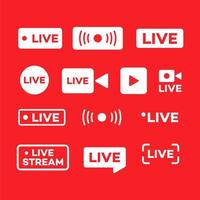 Online video broadcasting icon set vector illustration. Set of red buttons and symbols live streaming icons, different styles. Design element for decoration TV, video, and live performances