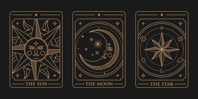 tarot deck card set Illustration. the sun, the moon and the star golden tarot card vector. Vintage mystic sun, moon and star tarot card in ornamental line art style vector