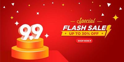 9.9 Shopping day banner with orange podium scene on red background. flash Sale online shopping banner template design for social media and website. vector