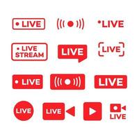 Online video broadcasting icon set vector illustration. Set of red buttons and symbols live streaming icons, different styles. Design element for decoration TV, video, and live performances