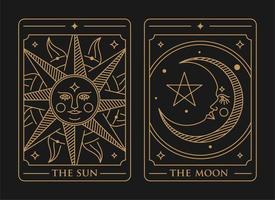 tarot deck card set Illustration. the sun, the moon and the star golden tarot card vector. Vintage mystic sun, moon and star tarot card in ornamental line art style vector