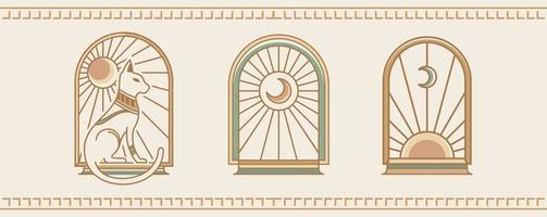 Ancient Egypt artwork illustration . vector. Bohemian line logo art. Icon and symbols with Cat, sun and moon. arch window design geometric abstract design elements for decoration vector Illustration