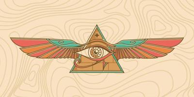 eye of horus with Sacred scarab wings wall art design in outline simple minimal design vector