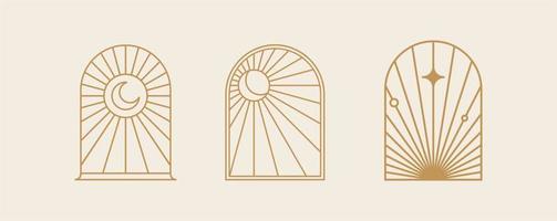 arte del logotipo de línea bohemia, iconos y símbolos, sol y luna, diseño de ventana de arco elementos de diseño abstracto geométrico para la decoración. vector