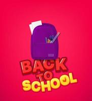 Violet school bag with stationery and Back to school inscription. 3d vector banner