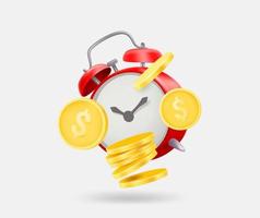 Alarm clock with dollar coins. Time is money concept. 3d vector isolated illustration