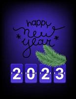 feliz año nuevo 2023. Banner de vector 3d con inscripción caligráfica