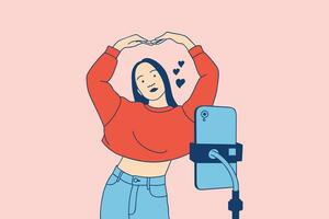 Illustrations of Beautiful Young influencer woman enjoy recording dancing video with smartphone for challenge vector