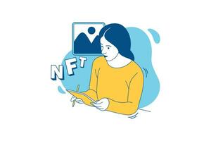 Illustrations of Beautiful NFT creator drawing NFT art with a tablet design concept vector