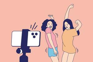 ilustraciones de dos hermosas chicas influyentes felices grabando videos de baile con un teléfono inteligente para el desafío vector