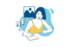 ilustraciones del hermoso creador de nft dibujando arte de nft con un concepto de diseño de tableta vector