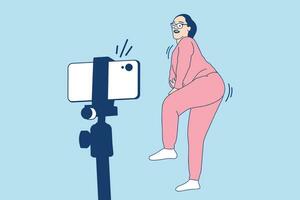 Illustrations of Beautiful Young influencer woman enjoy recording dancing video with smartphone for challenge vector