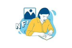 Illustrations of Beautiful NFT creator drawing NFT art with a tablet design concept vector