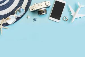 Travel accessories items on color background, Summer vacation concept photo