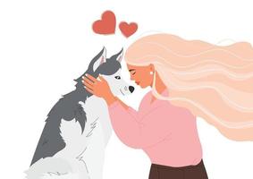 Happy girl hugging a husky dog in a flat cartoon style. Love for pets. The dog is a friend of man. Vector