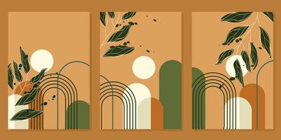 set of geometric wall decor designs with hand drawn leaf patterns. aesthetic background vector