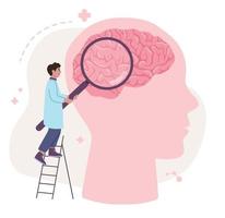 Brain study concept. Doctor is examining brain with a giant magnifier standing on the ladder. Psychology, neurology, eeg, human mind. Flat cartoon vector illustration.