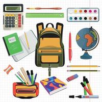 School supplies set. Collections of educational elements. Back to school icons. Backpack, globe, calculater, pen. Flat vector illustration.