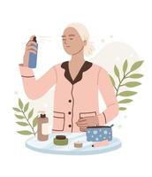 Woman spraying micellar water. Care against aging. Moisturizing, anti-age care, cleansing. Dermatology, cosmetology. Bathroom. Skin care, gel, face cream. Beauty. Flat vector illustration.