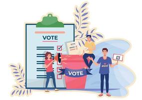 Elections concept. People voting and putting ballot papers in the ballot box. Democracy, freedom of speech, justice. Referendum. Vote abstract flat vector illustration. Tiny people.