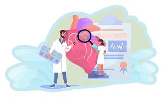Cardiology concept. Doctor and nurse are examening patient's heart with stethoscope and magnifier. Giant heart and tiny doctors. Heart disease. Cardiogram.