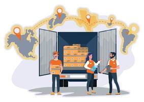 envío internacional, concepto de servicio de entrega en línea. logística. entrega rápida. camión con cajas. descarga. mensajero. ilustración vectorial plana. vector