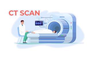 CT scan. Computed tomography scan. Doctor is carrying out CT scanning. Patient is laying on the ct device. Clinic. Medical equipment. MRI. vector