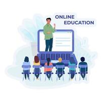Online education concept. Teacher  is on the giant laptop screen. School children are listening to the teacher on the screen. Online lesson. Online classroom.