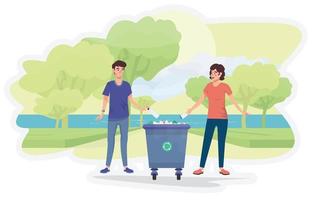 Man and woman throw plastic garbage in the recycling bin. Waste sorting concept. Rubbish container. Eco friendly. Waste segregation. Green industry. vector