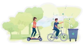 hombre y mujer conduciendo vehículos ecológicos scooter y bicicleta. tacho de reciclaje. concepto de ecología. Respetuoso del medio ambiente. turbinas de viento. energía renovable. vector