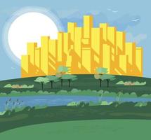 City landscape. Morning, day time. River, skyscrapers. Sun. Flat vector illustration.