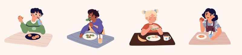 Set of children having a snack. Boy and girls eating lunch at school during the break. Back to school concept. Collection of students. Flat vector illustration.