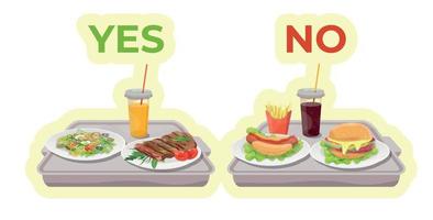 Healthy food and junk food on the trays.  Choose between healthy food and junk food. Salad, steak juice, Hamburger, french fries and cola. vector