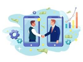 Online business concept. Electronic contract. Agreement, partnership, teamwork. Businessmen shaking hands. Smartphones. vector