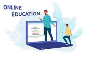 Online education concept. Giant laptop with a list of school subjects. Boy is entering online school. Teacher and pupil, student. Online tutor. vector