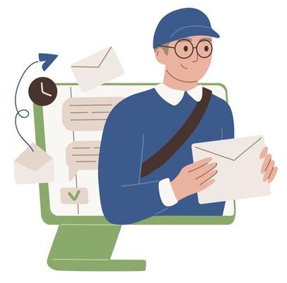 Email concept. Online service. Mail service. Postman with an envelope.