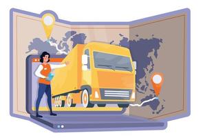 Logistics concept. Delivery service. Cargo, freight truck. Tiny people. Tracking of delivery. Woman shows the direction. Global shipping. vector