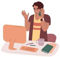 Angry and stressed man speaking on the phone at work. Stress at work concept. Burnout. Anxiety. Deadline. Boss shouting on the phone. vector