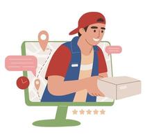 Online delivery concept. Delivery service. Courier service. Man with a box. Icon, symbol, banner. Flat vector illustration. Online order.