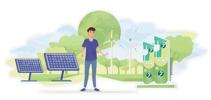 Landscape with solar panels, charging stations for electric cars and wind turbines. Green industry. Eco friendly concept. Environmental protection. Renewable energy. vector